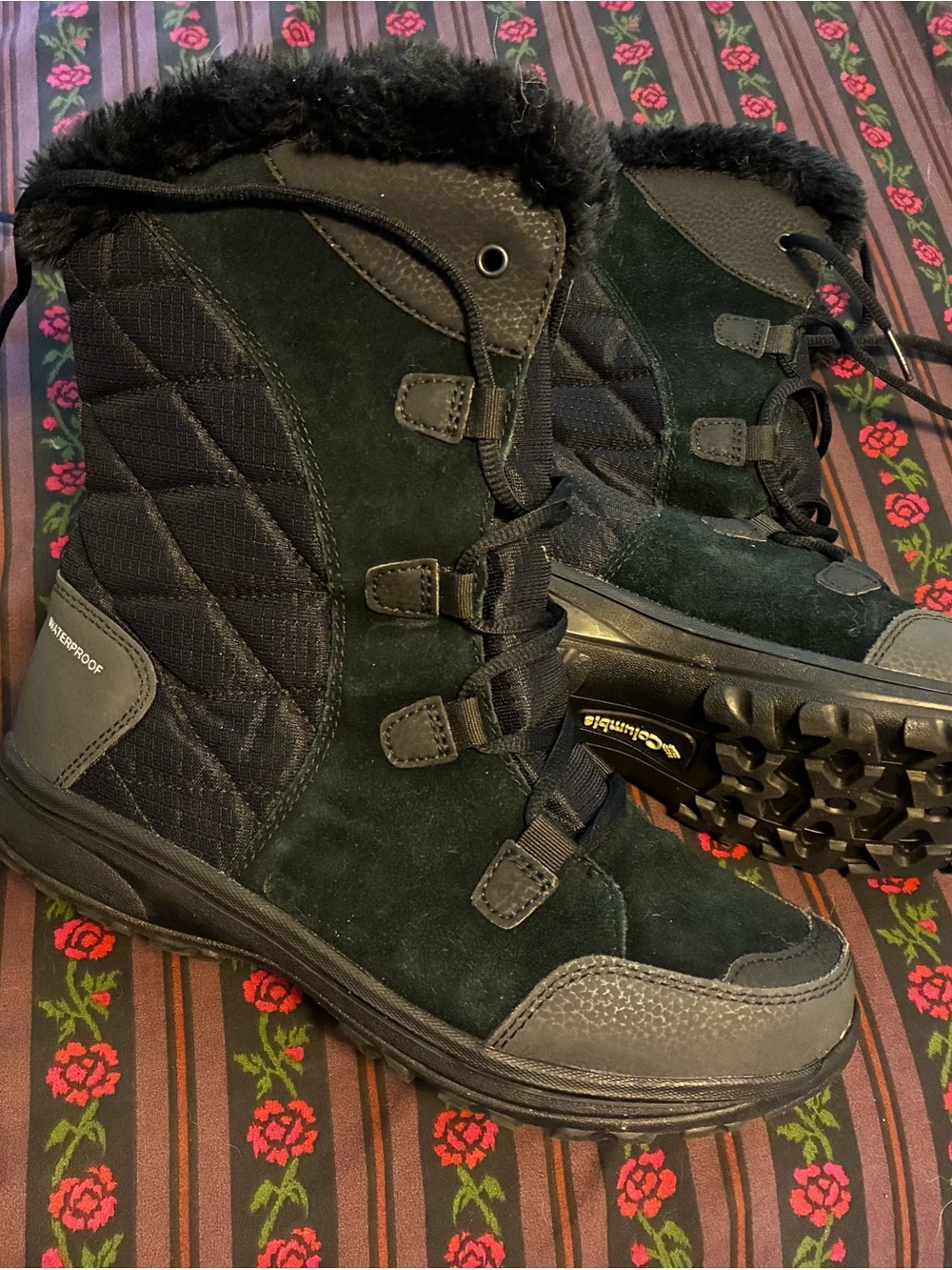 Columbia Women's Black Winter Waterproof Lace-Up Boots with Faux Fur Collar